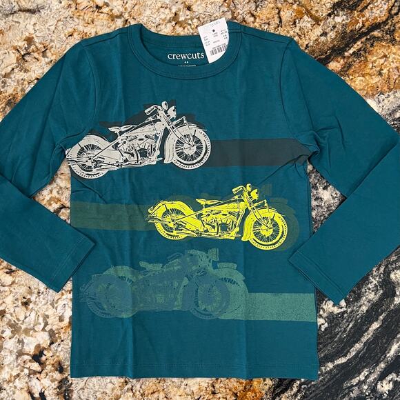 NWT J. Crew Boys' Aqua Green W/Motorcycle Graphic Long Sleeve Tee - Picture 2 of 10